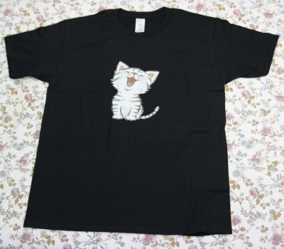 画像1: にゃんにゃん4号 大笑いするネコ 猫Tシャツ 春夏 黒 M・L 