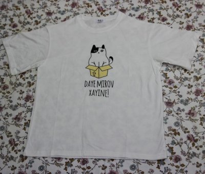 画像1: にゃんにゃん7号 DAYE MIROV XAYINE!  猫Tシャツ 春夏 白 フリーサイズ