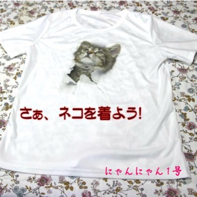 画像1: にゃんにゃん1号 飛び出すネコ 猫Tシャツ 春夏 白 M・L 