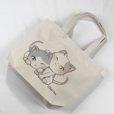 画像1: オリジナルトートバッグ 猫トートバッグ haruaデザイン キャンバス ナチュラル 厚めで丈夫なつくり 寄り添う2匹のかわいい猫
