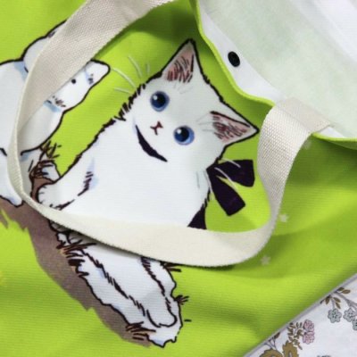 画像3: 猫柄トートバッグ ショルダーバッグ リネン地黄緑 かわいい親子猫