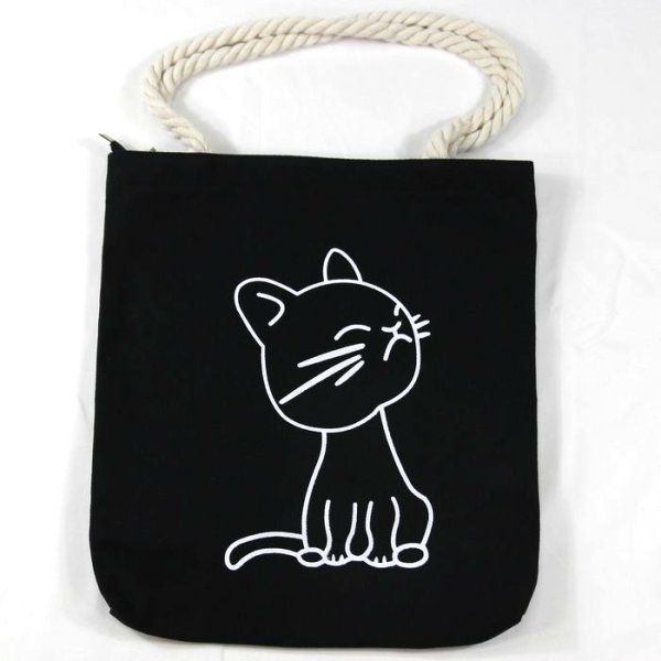 画像1: 猫柄トートバッグ ショルダーバッグ 見上げる猫何想う キャンバス黒地 レディース (1)