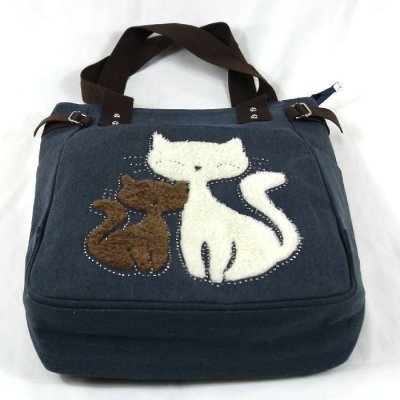 画像1: 猫柄トートバッグ ショルダーバッグ キャンバス 濃紺 寄り添うほっこり親子ネコ 多くのポケット
