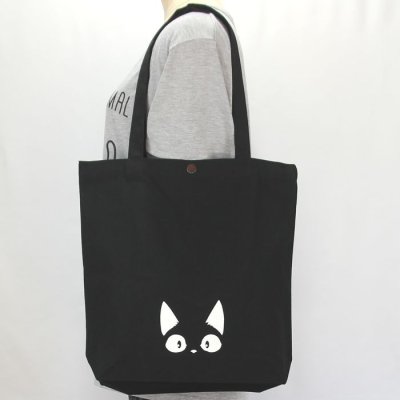 画像1: 黒猫トートバッグ シンプル 正方形バッグ ネコ柄 コットン 黒地 軽量 普段使い レディース メンズ キッズ BA34