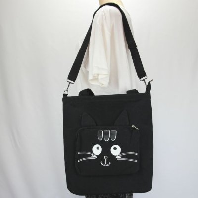 画像1: 黒猫トートバッグ ねこショルダーバッグ 2wayバッグ キャンバス ネコ柄 ファスナー 黒地 軽量 普段使い レディース メンズ キッズ BA39