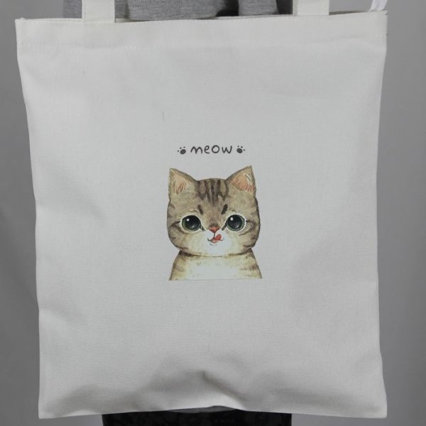 画像1: 猫柄トートバッグ 端正なネコ顔 かわいいイラスト ファスナー シンプル 白色 薄地 軽量 ママバッグ 普段使い レディース キッズ BA50 (1)