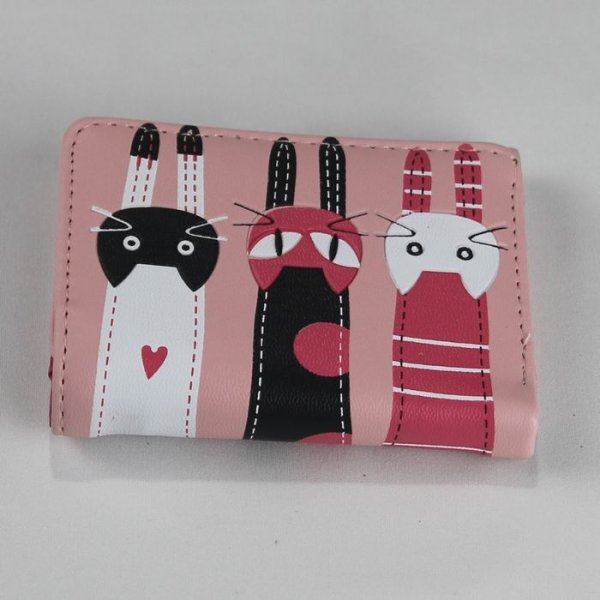 画像1: 猫柄三つ折り財布 かわいい 小さめ 札入れ 使いやすい ミニ財布 小銭入れ レディース キッズ ギフト プレゼント ピンク (1)