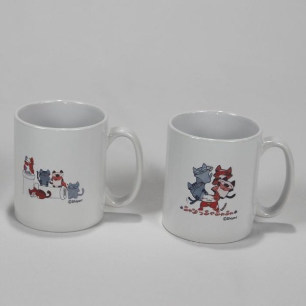 画像1: Shiyori 猫マグカップ 2個組 セット割引 猫集団ニャンッニャニャニャ ５匹の仲間たち 全員集合 半面印刷 (1)