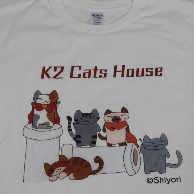 画像1: Shiyori 猫Tシャツ Ｌサイズ K2 Cats House かわいい猫集団ニャンッニャニャニャ ５匹の仲間たち