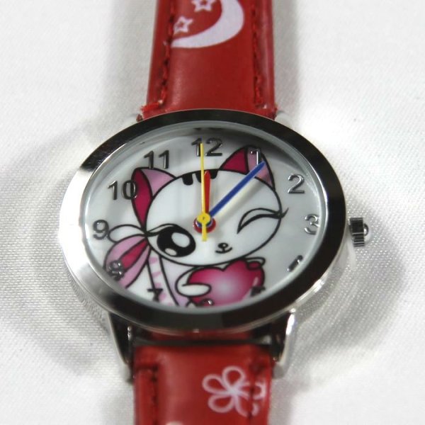 画像1: 猫柄腕時計 キッズウォッチ 子供向時計 プレゼント ウィンクネコ 赤 Wa02re (1)
