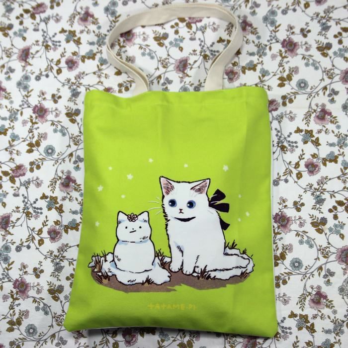 猫柄トートバッグ リネン地黄緑 かわいい親子猫 猫tシャツ 人気の猫柄バッグなど可愛い猫グッズ通販専門店 K2アートギャラリー猫ハウス